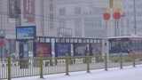 4k北方城市下大雪的公交站等公交车的人高清在线视频素材下载