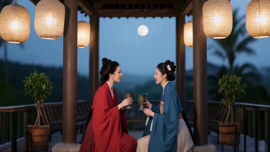 古人喝酒汉服美女喝酒古装美女喝酒聊天