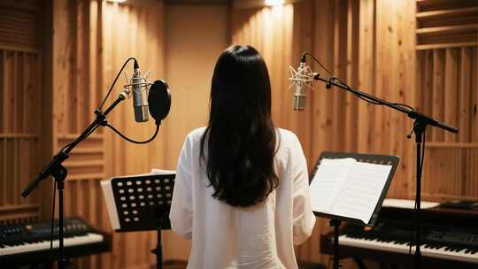 女生在录音室对着麦克风录音