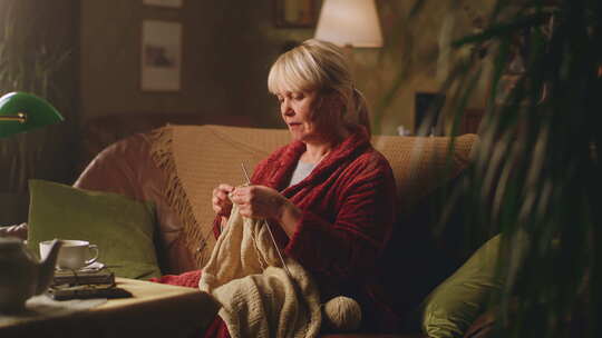 老年妇女在沙发上编织
