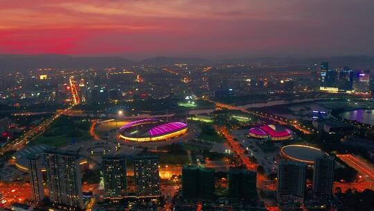 义乌江东城市晚霞夜景风光4K航拍