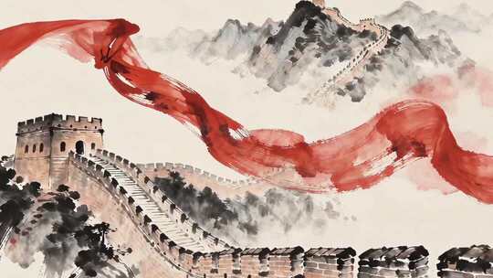 中国风水墨画长城红绸红丝带飘扬