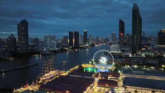 泰国曼谷湄南河亚洲河滨夜市摩天轮航拍风光