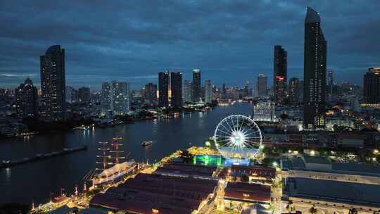 泰国曼谷湄南河亚洲河滨夜市摩天轮航拍风光视频素材模板下载