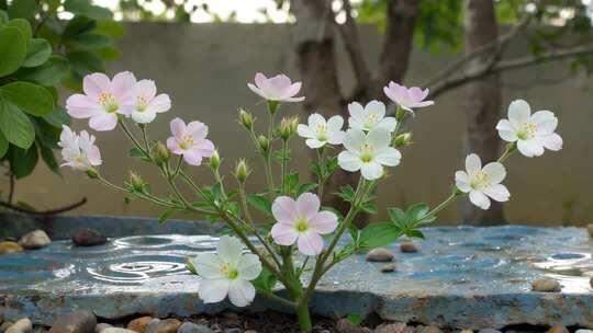 户外盆栽粉色白色花朵特写