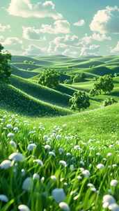 【竖屏】3D卡通绿色草原和蓝天白云