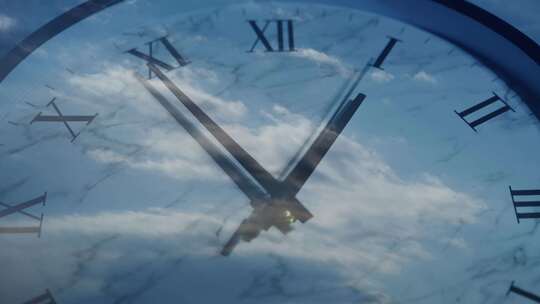 4K时间的力量双重曝光蓝天白云时钟时光流逝