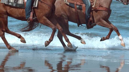 妇女在海滩骑马的超慢镜头