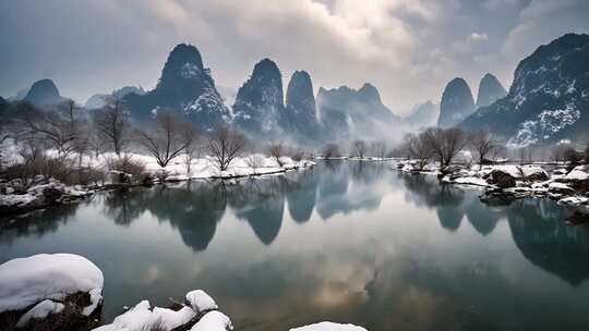 山水雪景全景