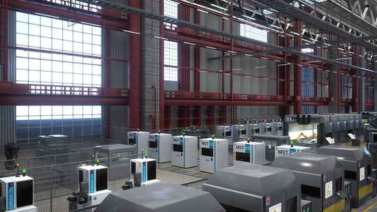 工厂与自动工业机器行输送带3D渲染