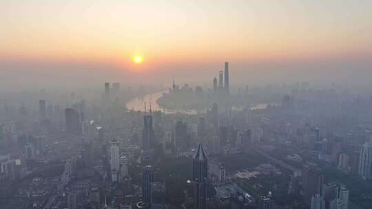 上海日出晨雾 陆家嘴日出 上海地标