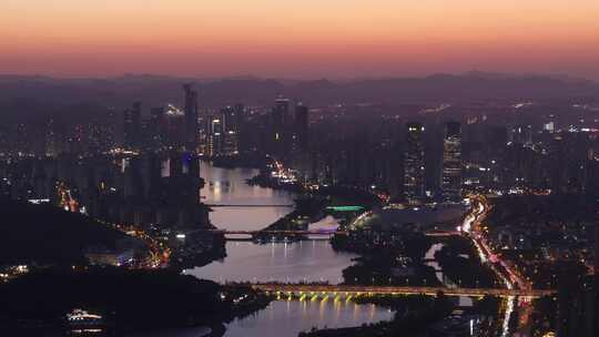 梅溪湖国际新城城市天际线日落黄昏夜景航拍