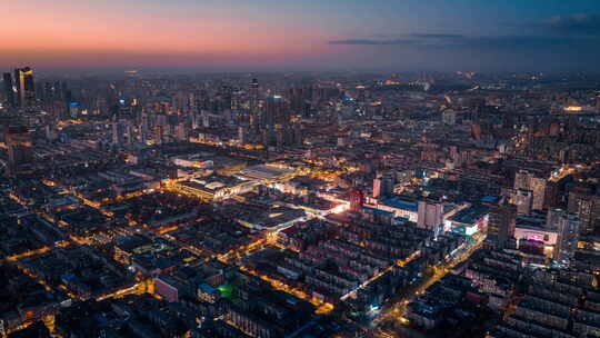 辽宁沈阳中街城市夜景建筑车水马龙航拍