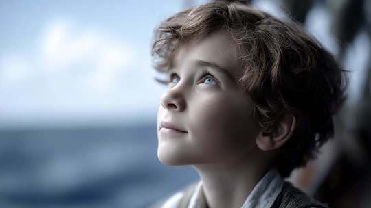 男孩眺望远方大海充满希望