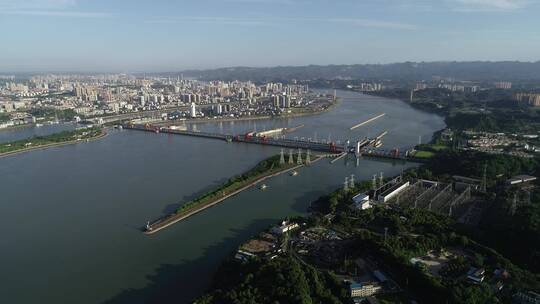 航拍葛洲坝大坝宜昌西陵区城区水电站4k