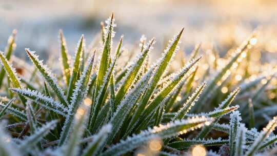 冬季清晨阳光霜冻绿草微距特写视频