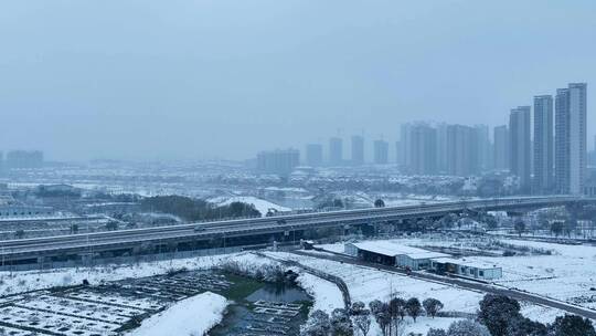 航拍银装素裹城市雪景长沙雪景