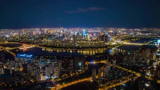 4K沈阳浑河两岸航拍城市夜景浑南金廊夜晚