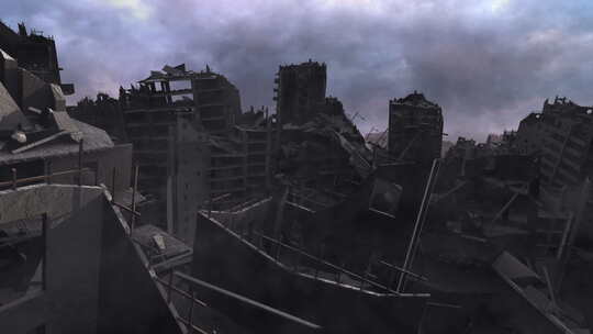 战争或地震后被摧毁的建筑物，缓慢的鸟瞰图