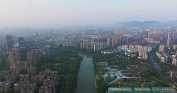 杭州拱墅区大运河河畔风光航拍