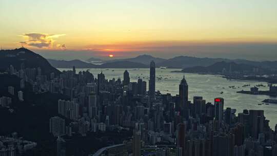 香港维多利亚港日落航拍大景