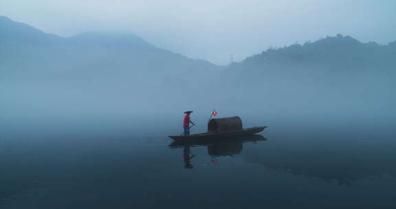 小东江中国风船夫山水画素材