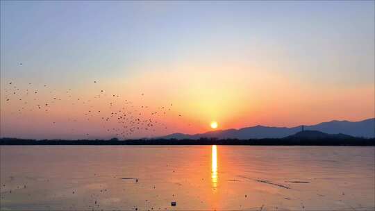 冬季颐和园结冰日落夕阳日转夜倒影