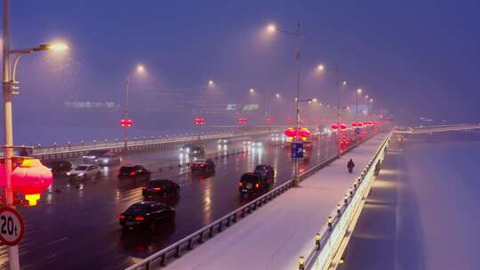 北方城市冬季下雪雪景夜景航拍