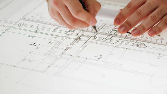 工程师在工艺设计图纸上测量规划实拍素材