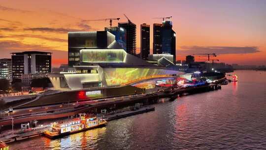 广州荔湾白鹅潭城市江景日落航拍