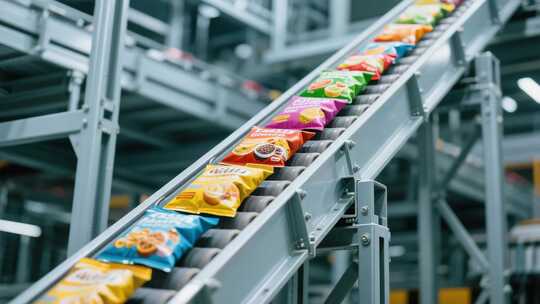 食品工厂流水线输送零食画面