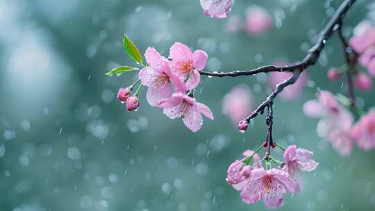 春天雨中桃花特写