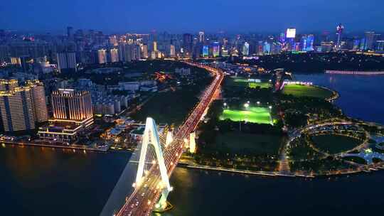 航拍海南海口世纪大桥城市蓝调夜景风景