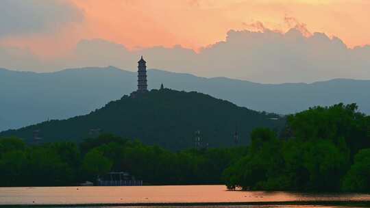 傍晚夕阳中的北京皇家园林颐和园风景