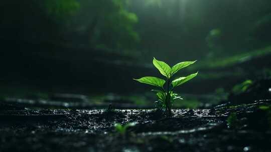 雨后生长的绿色的植物嫩芽