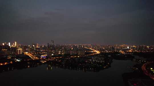 江苏无锡太湖城市夕阳晚霞夜幕降临航拍