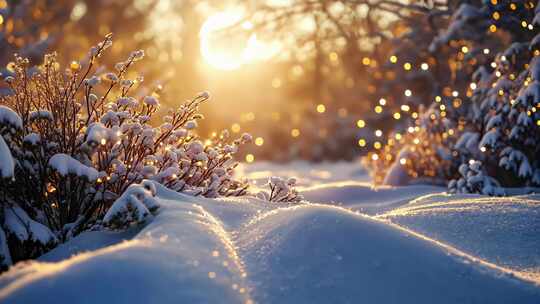 唯美冬季 阳光 积雪 植物雪地特写