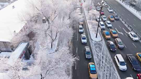 中国黑龙江哈尔滨城区雾凇雪景航拍