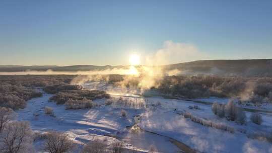 航拍大兴安岭林海雪原湿地风光雪柳雾气升腾