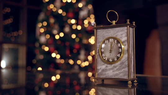 模糊圣诞背景上的漂亮时钟。
