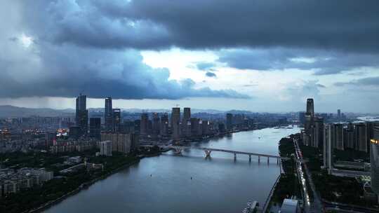 阴雨天航拍广东广州琶洲城市天际线