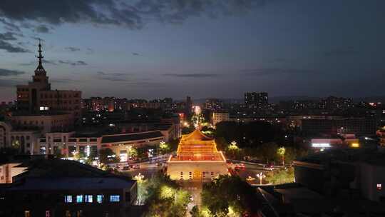 航拍甘肃张掖钟鼓楼夜景