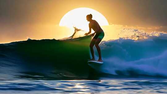 夕阳下的冲浪者在海浪上驰骋