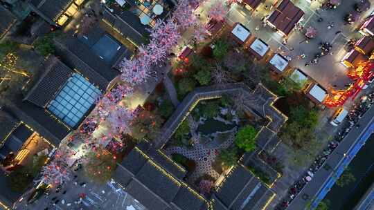 春天古建筑樱花与灯笼夜景航拍徐州市回龙窝