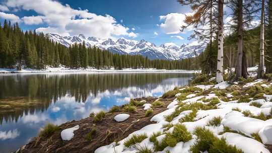 雪山下森林湖泊自然风光