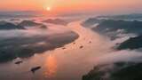 航拍长江云雾缭绕的日出壮丽山河云海黄昏高清在线视频素材下载
