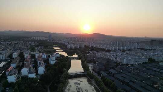 航拍山东潍坊青州古城夕阳晚霞