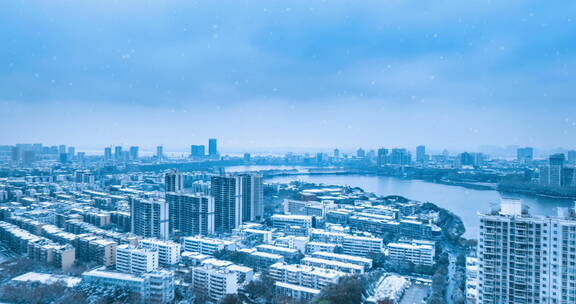 江西省九江市冬季城市雪景航拍延时