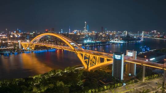 上海卢浦大桥交通车流航拍延时夜景
