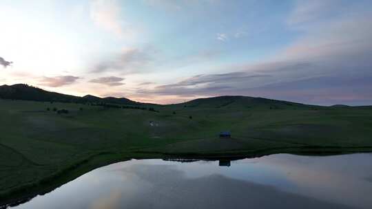 呼伦贝尔自然风光山林湖泊晚霞美景